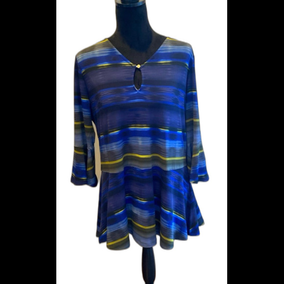 Ellen Tracy Blouse Sz Large Top Blue Green Bell Sleeves Flare Bottom + Stretch - Picture 1 of 10